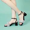 Summer new one-word buckle with rhinestone high-heeled sandals black square head fashion sandals women's comfortable Korean style