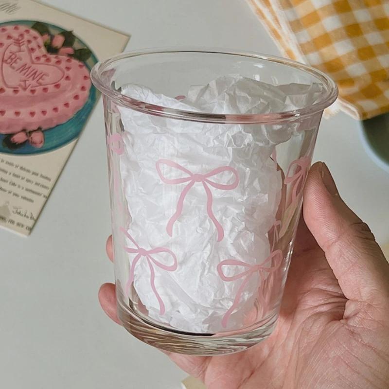 Милая розовая чашка из стекла с бантом, кофейная чашка, кружка, для эспрессо, со льдом для лета, для напитков своими руками, посуда для напитков, чашка для йогурта, салатница, фруктовая десертная чаша