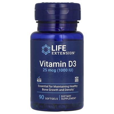 Life Extension, Витамин D3, 25 мкг (1000МЕ), 90 мягких капсул