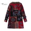 Women Winter Coat Retro Floral Print Hooded Thick Plush Zip-up Heat Retention Long Sleeves Mid Length Pockets Leisure Daily Wear Jacket