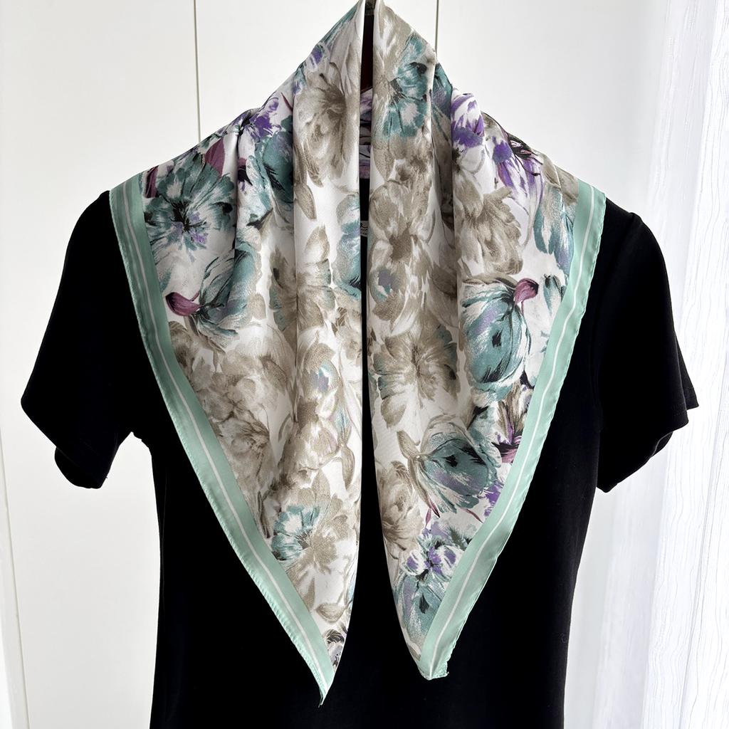 Luxury Silk 70cm Square Scarf For Women Bandanas Elegant Hairband For Ladies Green Floral Print Neckerchief Hijab Bag Ribbon