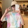 Женская милая футболка Tie Dye O шеи с коротким рукавом, базовая рубашка, свободный топ
