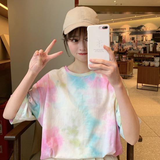 Женская милая футболка Tie Dye O шеи с коротким рукавом, базовая рубашка, свободный топ