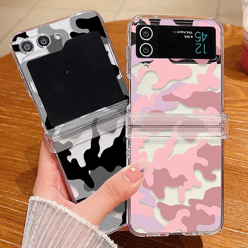 Transparent Phone Case For Samsung Galaxy Z Flip5 Flip4 Flip3 Cow Pattern Clear Folding Hard PC Cover For Samsung Z Flip 5 4 3