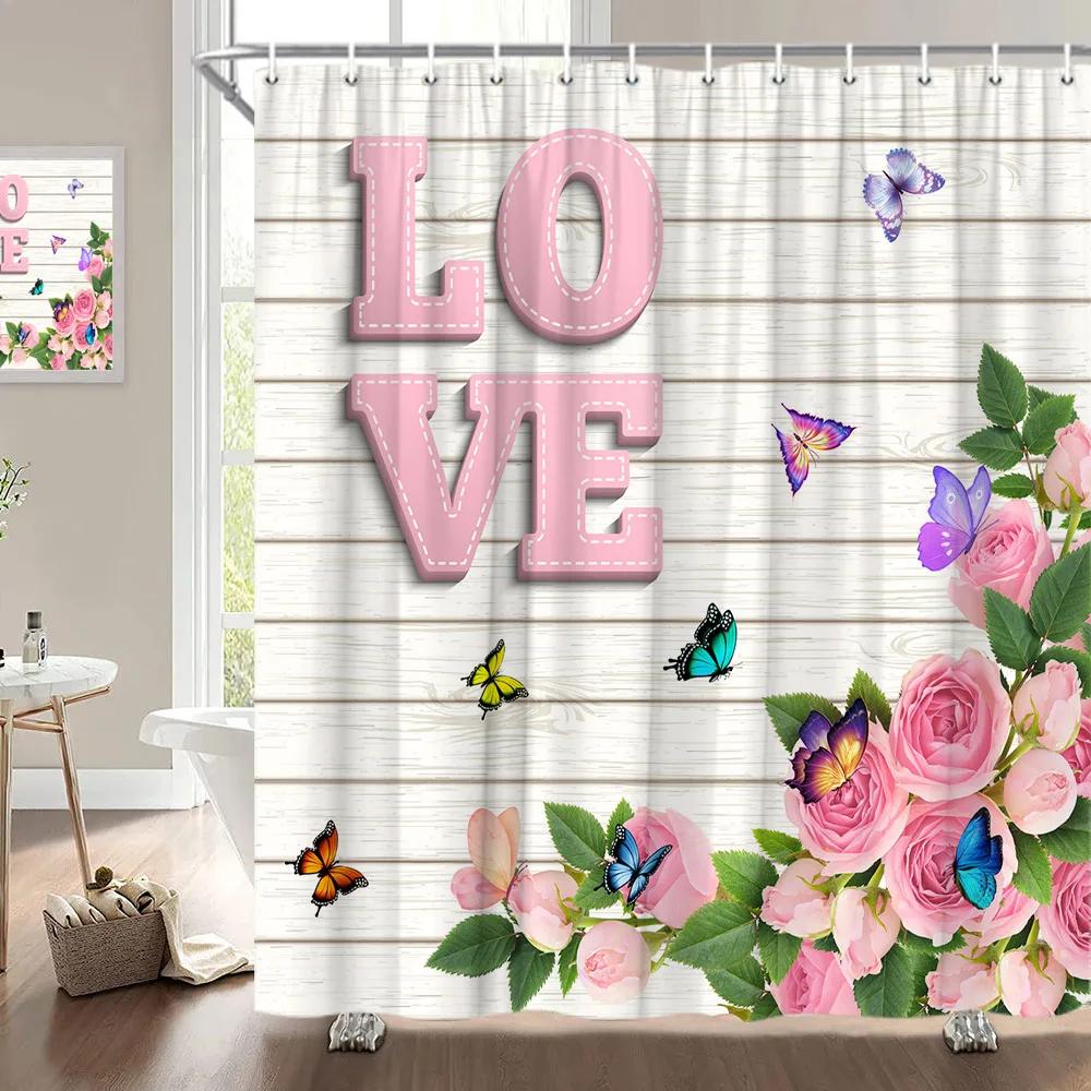 Занавеска для душа на День святого Валентина, Сердце из роз, Романтическое растение, Любовь, Губная помада, Полиэстер, Принт, Украшение для ванной комнаты
