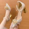 Fashion Shoes Women High Heels Women Wedding Shoes Bride Shoe Ladies Pumps Sandals Pearl Ankle Buckle Elegant Dress Women Heeled Shoes