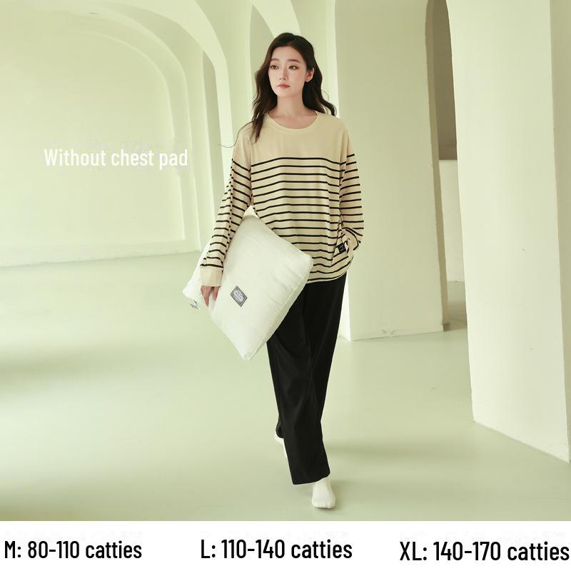 Женский пижамный комплект из чистого хлопка с длинными рукавами и нагрудными накладками — большой размер, весна/осень 2025 г.