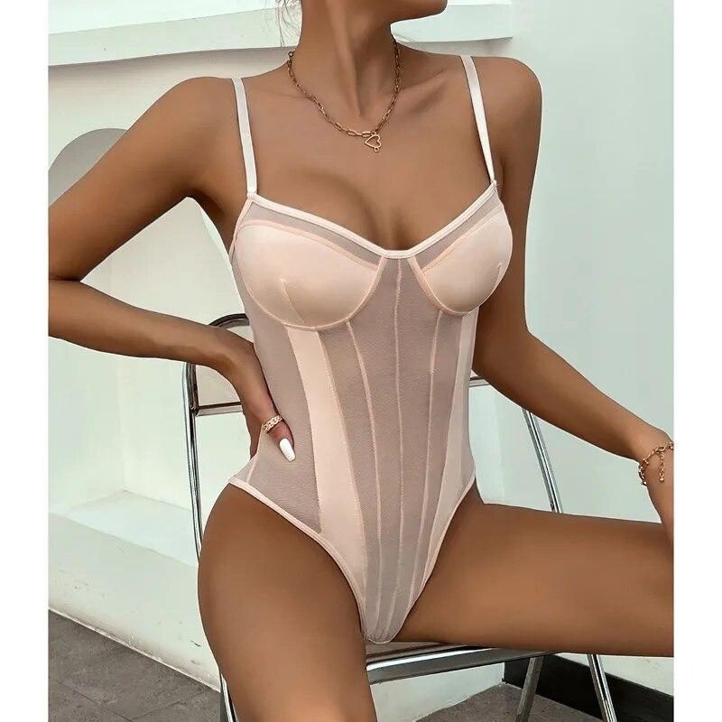 Slim Fit Bodysuit Tops Sexy Perspective Backless Jumpsuit Women Lace Mesh Splicing Sleeveless Rompers Elegant Playsuits 30590