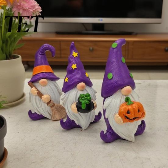 Hand Painted Desktop Figurines Halloween Gnome Resin Figurine, Broom Cauldron Pumpkin Dwarf Cute Cartoon Wizard Gnomes Statue for Desk Shelf,