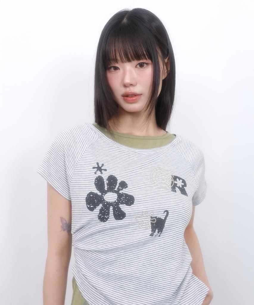 LMR Motif Embroidered Striped Layered T-Shirt Green