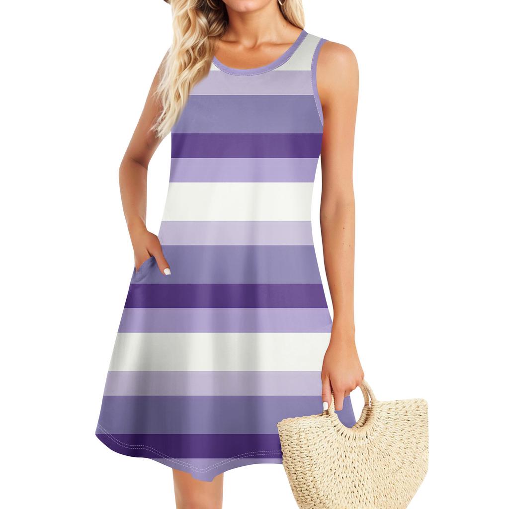 Летние платья для женщин Пляжный Бохо без рукавов Винтажный принт Футболка с карманами Сарафаны-майки