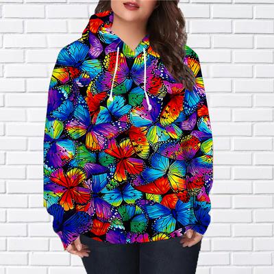 Женская мода розовый цветок бабочка принт свободные толстовки топы блузка свитшот повседневный длинный рукав пуловер топы