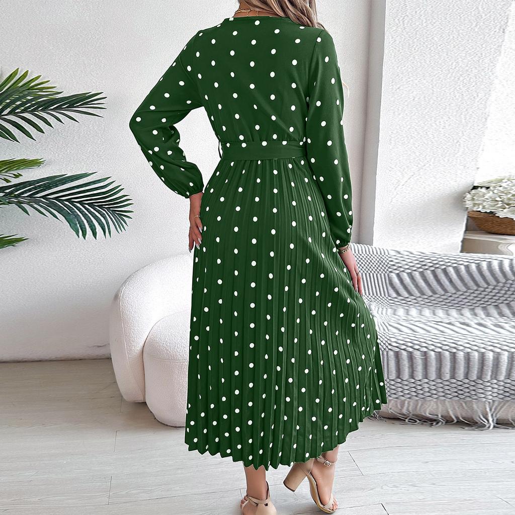 Женское модное элегантное плиссированное длинное платье в горошек с крестом и V-образным вырезом с длинными рукавами и галстуком