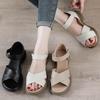 Women's Genuine Leather Chunky Heel Sandals for Wide Feet - Casual Summer Cowhide Shoes