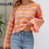 Autumn Women's Fashion Long Sleeve Cowl O-Neck Knitted Striped Sweater