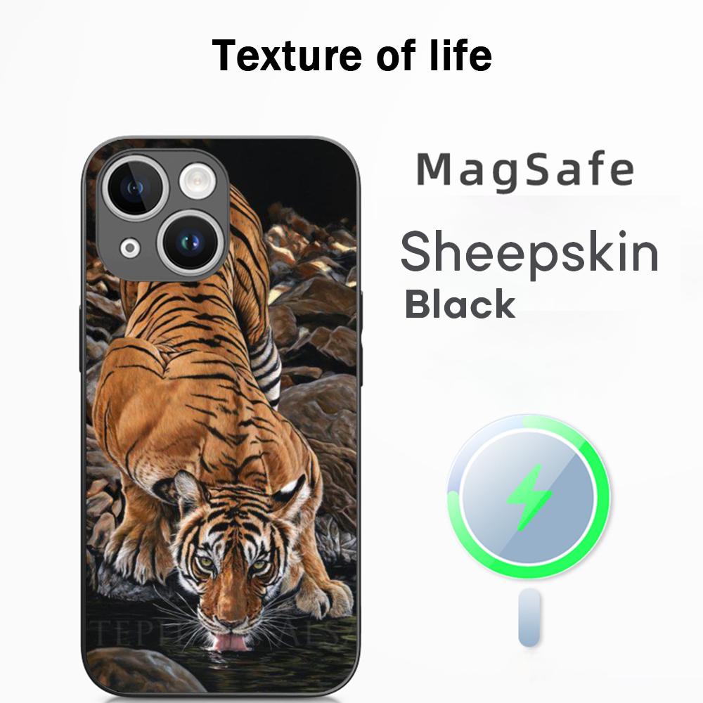 Japanese Tiger Art fashion design Phone Case For iPhone 16 15 14 13 12 11 Plus Pro Max High-end Luxury Magsafe Sheepskin