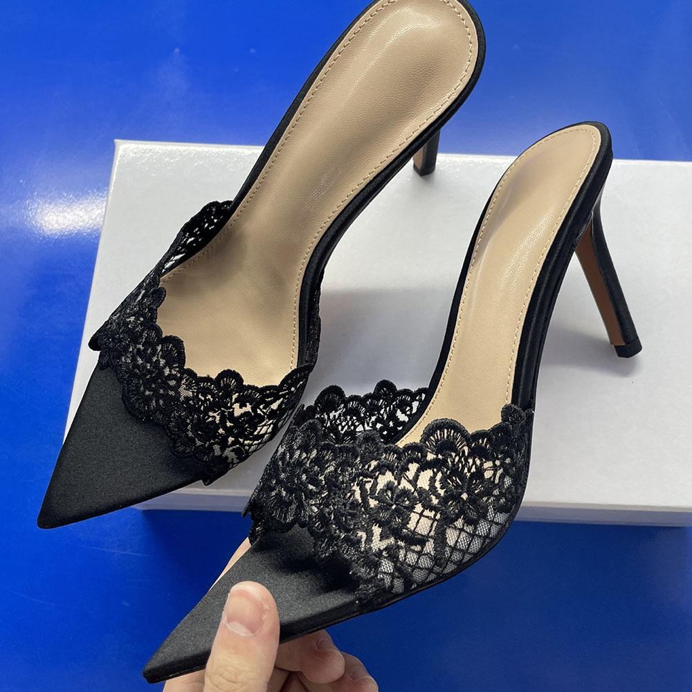 Летние женские босоножки-мюли с открытым носком и кружевом, элегантные шикарные туфли на высоком каблуке 9 см, сексуальные туфли для вечеринок, сандалии-тапочки
