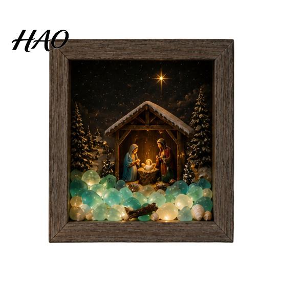 3D Shadow Box Ornament Christmas Sea Glass Night Light, Winter Snow Scene Wooden Home Decor for Art Frame with LED Warm Glow, Landscape Tabletop