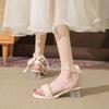 Comfort Shoes for Women 2024 Summer Female Sandal Buckle Strap Clear Heels All-Match Girls Pearl Block New High Fashion Retro Lo