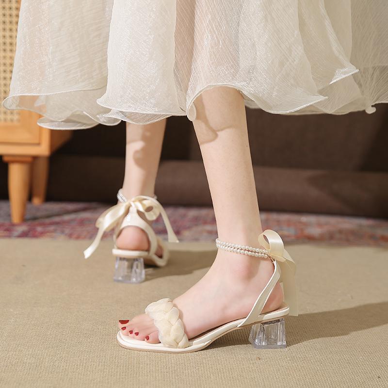 Comfort Shoes for Women 2024 Summer Female Sandal Buckle Strap Clear Heels All-Match Girls Pearl Block New High Fashion Retro Lo