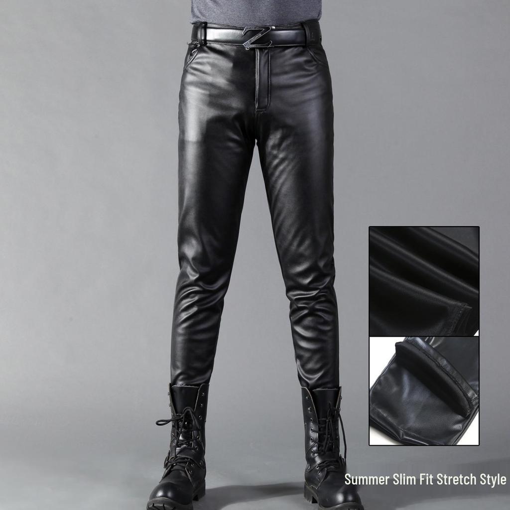 Men's Korean Style Slim Fit Motorcycle Leather Pants - Fleece-Lined, Skinny, Elastic, Spring/Autumn Trend