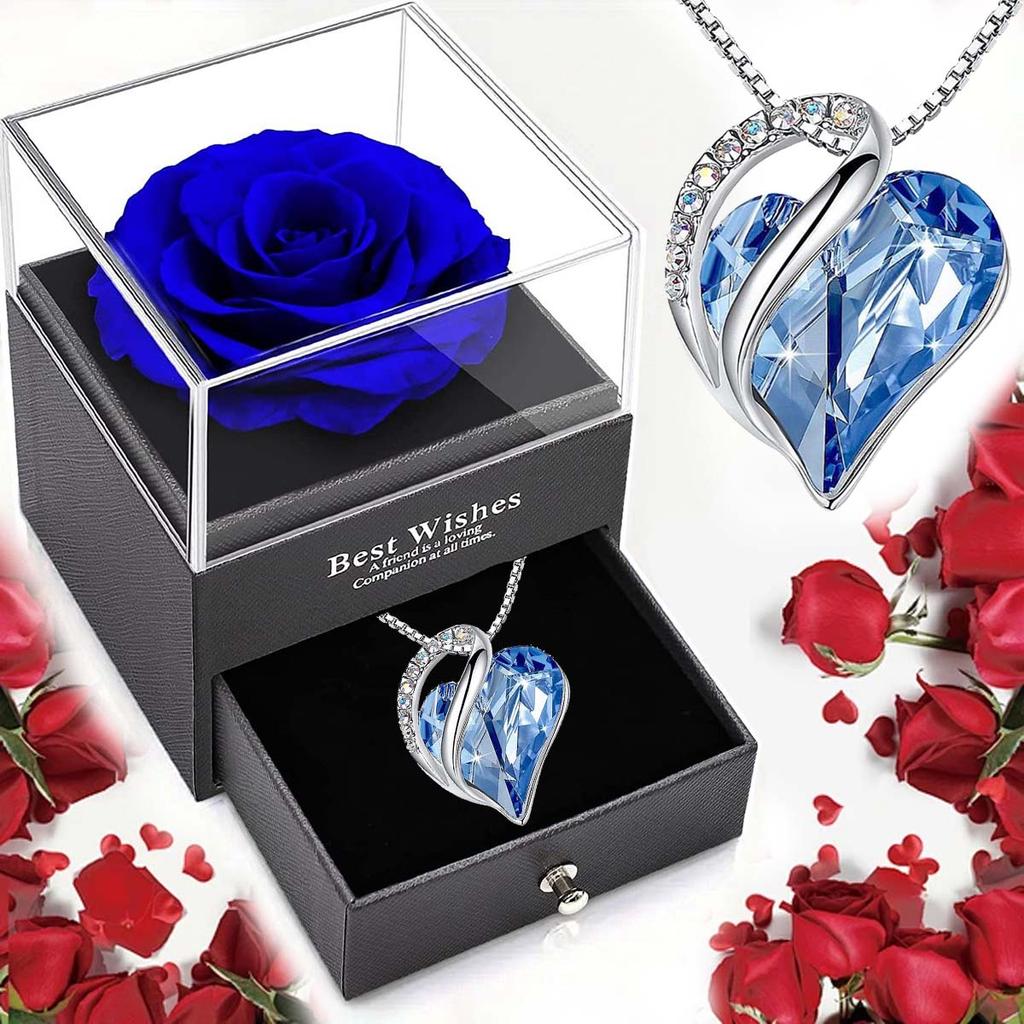 Valentine's Day Gift Ocean Heart Love Necklace with Eternal Rose Jewelry Box For Girl Mother's Day Gifts