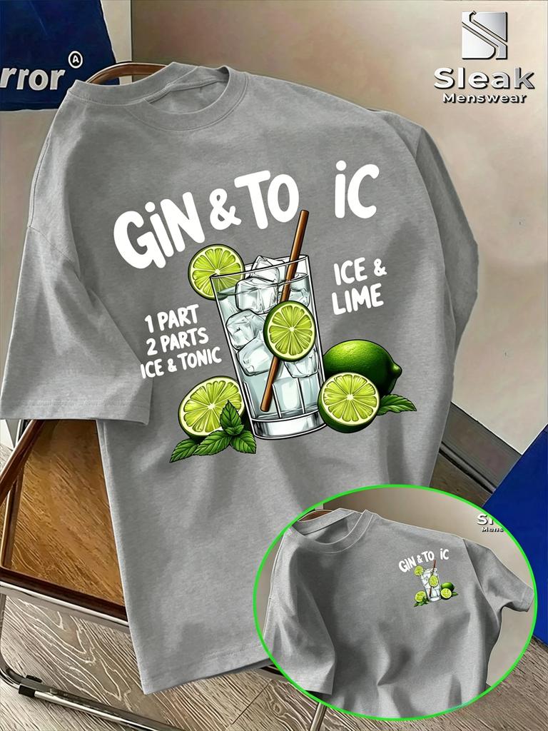 Summer Unisexs Loose TShirt Gin Tonic Ice Lime Cocktail Graphic Print Short Sleeve Tees Casual Streetwear Male Tops 100 Cotton