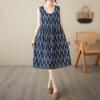 Summer Cotton Linen Printed Round Neck Loose Slimming Mid Length Sleeveless Dress for Women Dresses