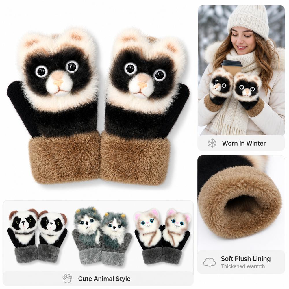 Animal Pattern Warm Winter Gloves Fleece Lined Animal Gloves New Plush Gloves Women's