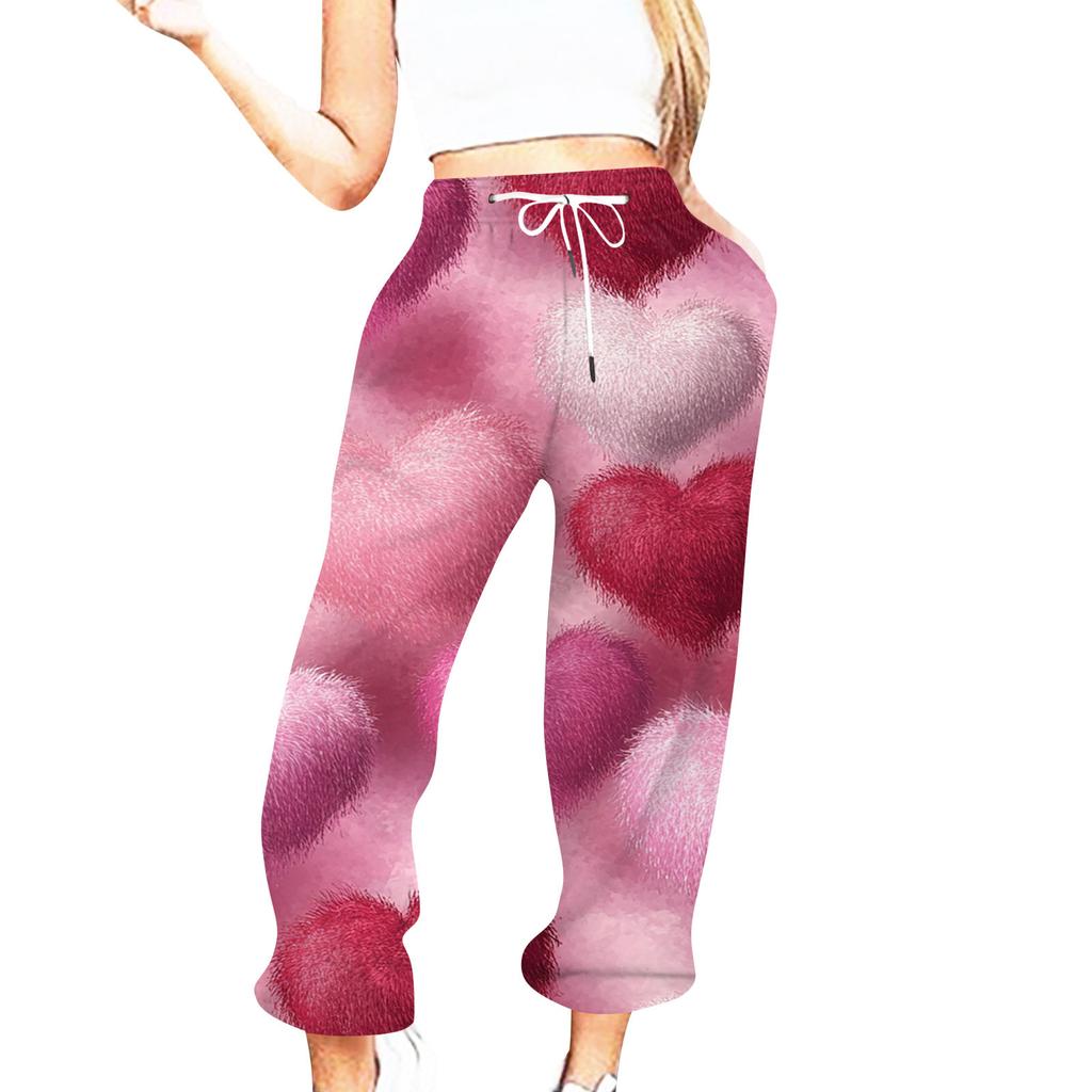 Женская повседневная мода День святого Валентина Повседневные брюки с принтом Спортивные брюки Брюки с эластичной резинкой на талии со шнурком Брюки со шнурком