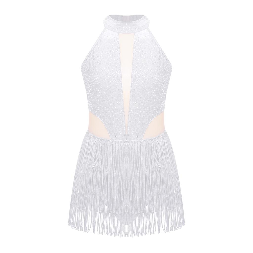 Боди для танцев для девочек со стразами, без рукавов, с открытой спиной и бахромой для выступлений и соревнований по латиноамериканским танцам