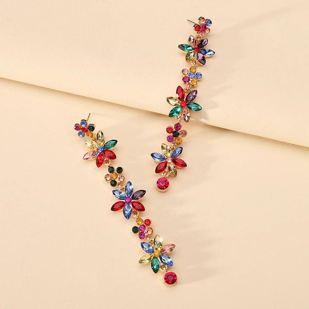 Elegant Fashion Shiny Glass Flower Female Romantic Charm Decor Bride Wedding Party Jewelry Trend Dangle Drop Earrings For Women