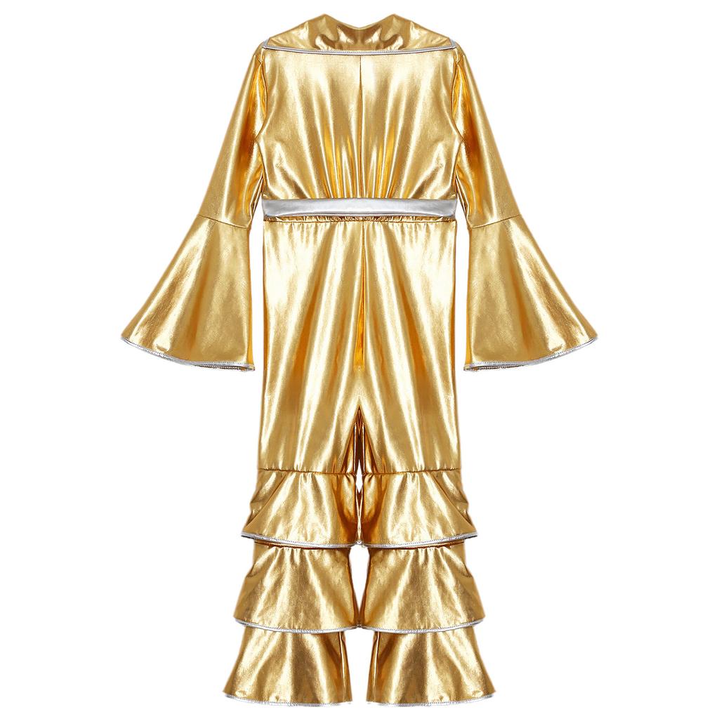 Блестящий металлический комбинезон-клеш для девочек, боди для джазовых танцев, сценический костюм 1970-х годов для косплея в стиле диско, карнавальный костюм для вечеринки в стиле рейв