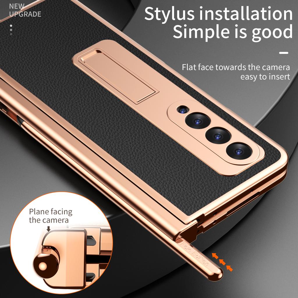 Plating Leather Case For Samsung Galaxy Z Fold 6 4 3 2 5 360 Full Protection Tempered Glass Kickstand Phone Cover