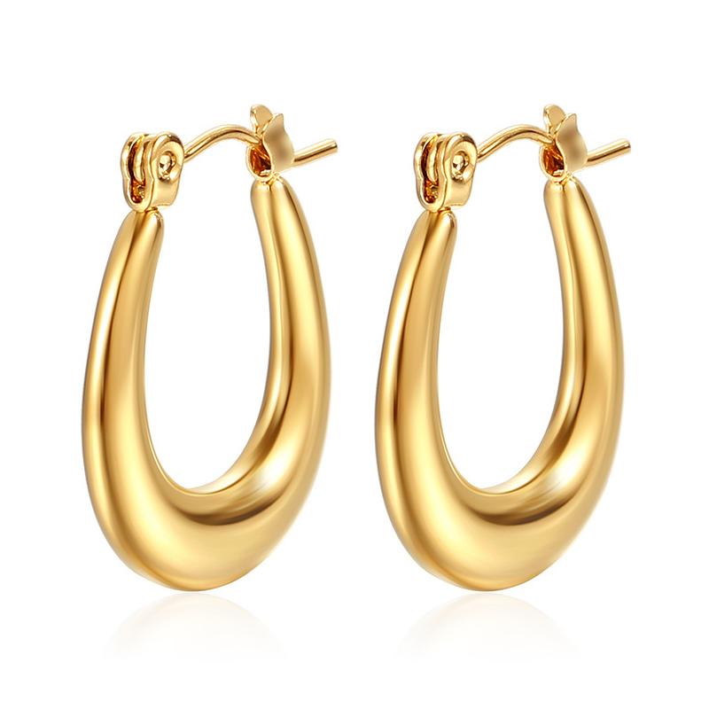 Fashion Smooth Oval Hoop Earrings For Women Stainless Steel U Shape Ear Buckle Huggie Earrings Vintage Zircon Gold Copper Color