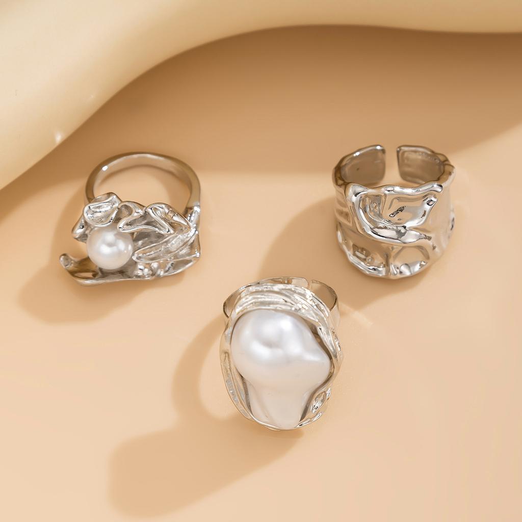 Sweet and Cool Geometric Baroque Pearl Ring Set, Personalized Liquid Metal Glossy Ring
