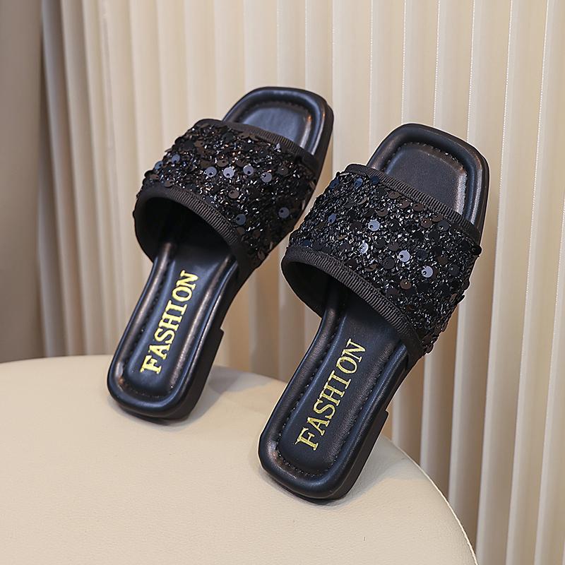 Тапочки с блестками для девочек, модные детские туфли на плоской подошве, тапочки принцессы, мягкая подошва, нескользящая, детская летняя пляжная обувь, размер 26-36