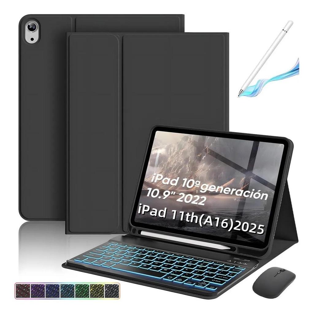Совместимый чехол-клавиатура Bluetooth с подсветкой и слотом для стилуса для iPad 10-го поколения - Испанская раскладка и чехол-подставка 11-го поколения
