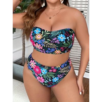 Женский комплект бикини Vacay, бюстгальтер-бандо большого размера с тропическим принтом и купальник-трусы с высоким вырезом, комплект из 2 предметов