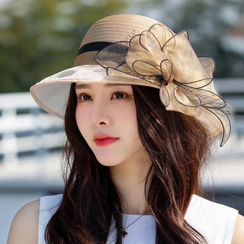 Wide Brim Outdoor Breathable Foldable Beach Sunscreen Flower Hats Women Spring Summer Solid Color Mesh Patchwork Sun Hats