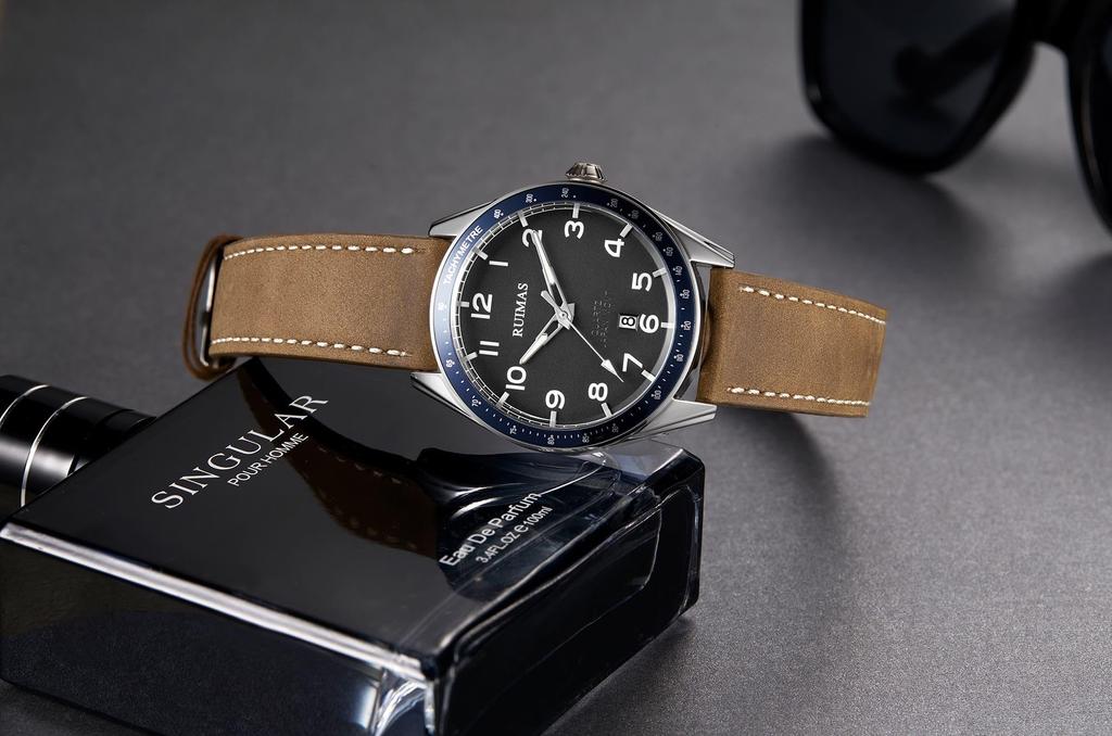 RUIMAS Часы Модные Кварцевые Часы Хаки Кожаный Ремешок Мужские Серебристые Черные Водонепроницаемые Часы Мужские