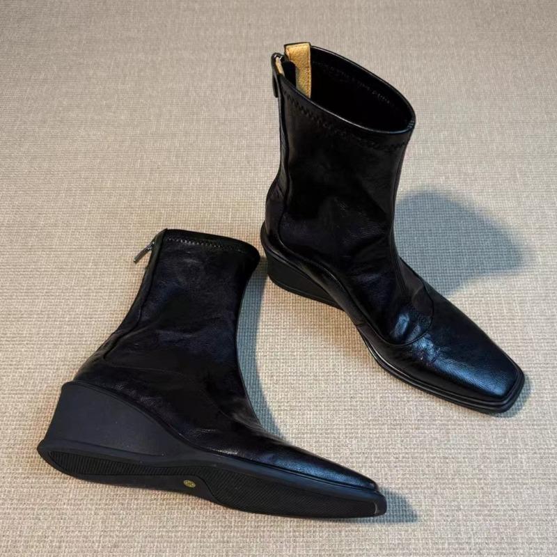 Square Toe Women Ankle Boots Wedges Leather Shoes Fad Mid Heels Chelsea Winter 2025 Trend Goth Office Shoes Retro Botas Mujer