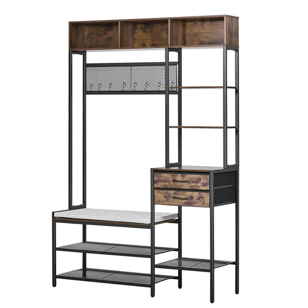 Hall Tree, 1800 mm Coat Rack with Shoe Bench & 2 Drawers, 3-in-1 Freestanding Shoe Rack Storage Organizer with Bookshelf & Wire Shelf, Steel Frame