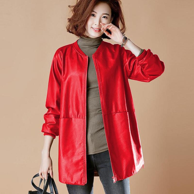 Женская кожаная куртка средней длины на весну и осень, свободная корейская бейсбольная куртка из искусственной кожи, ветровка размера плюс 7XL