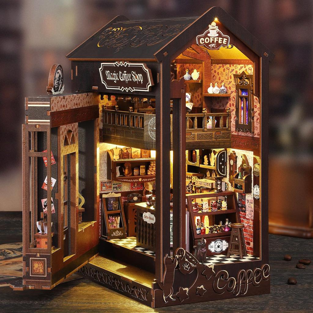 QmXCyzl Wooden DIY Dollhouse Kit with Miniature 3D Bookstand and Holiday Gift Building Scenario (Magic Coffee)