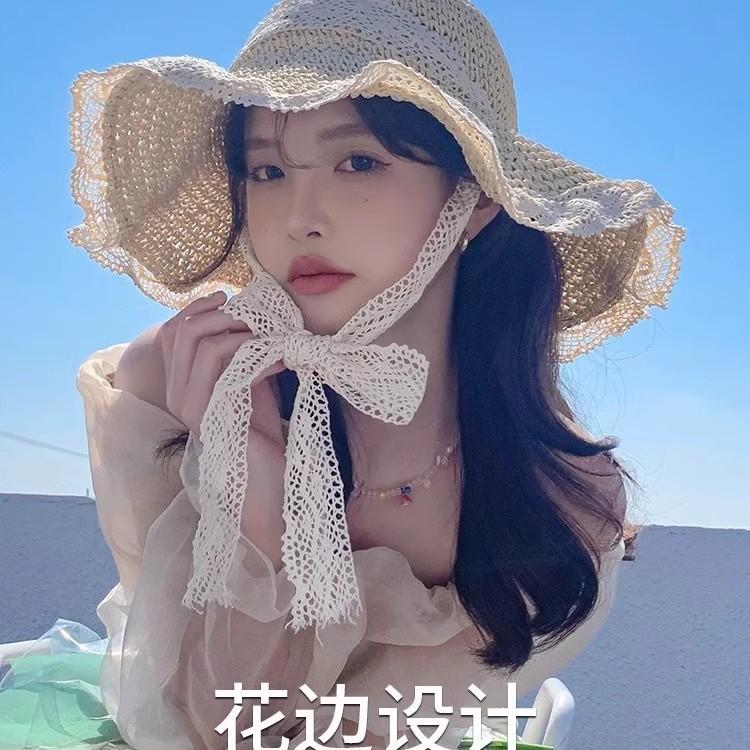 Atmospheric lace straw hat for women, summer wide-brimmed woven fisherman hat, beach sun protection sun hat
