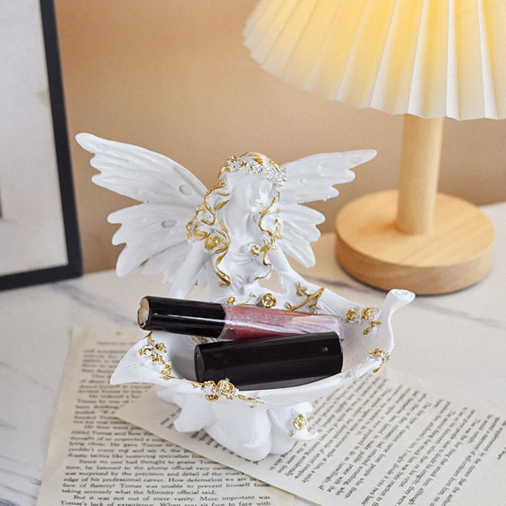 Gold Angel Table Decoration Angel Resin Figurine Winged Fairy Sculpture with Gold Trim Matte White Desk Decor for Women