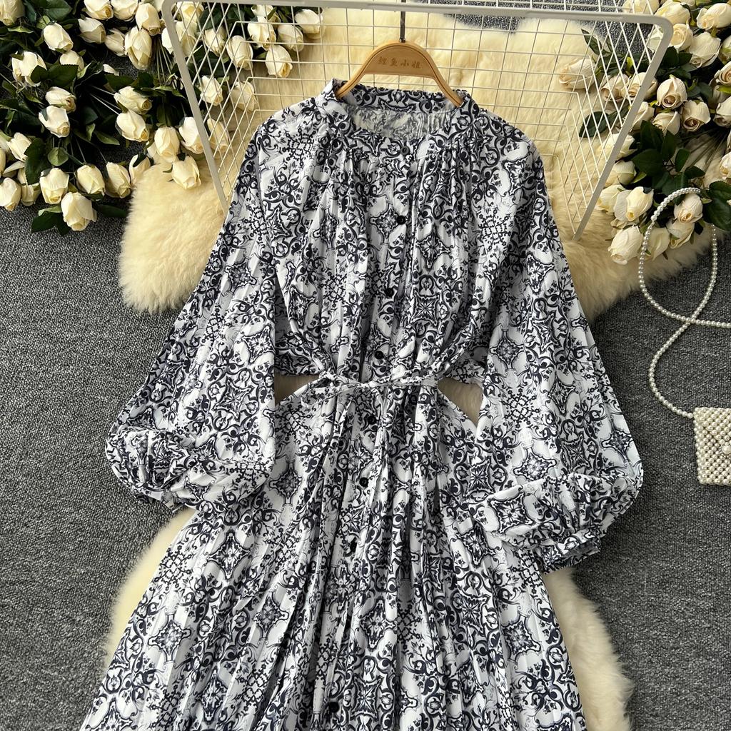 Женские платья макси в стиле «американский шик» с принтом, круглым вырезом и рукавами-фонариками, женские платья Vestidos De Mujer, платье-трапеция со шнуровкой