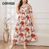 Плюс Размер Женское Летнее Новое Принт Красной Розы Ретро Романтическое V-образный Вырез Талия Утягивающее Темпераментное Платье