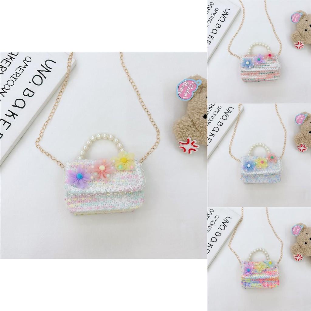 Stylish Children's Pearl Handbag Cute Floral Design Small Square Bag For Girls